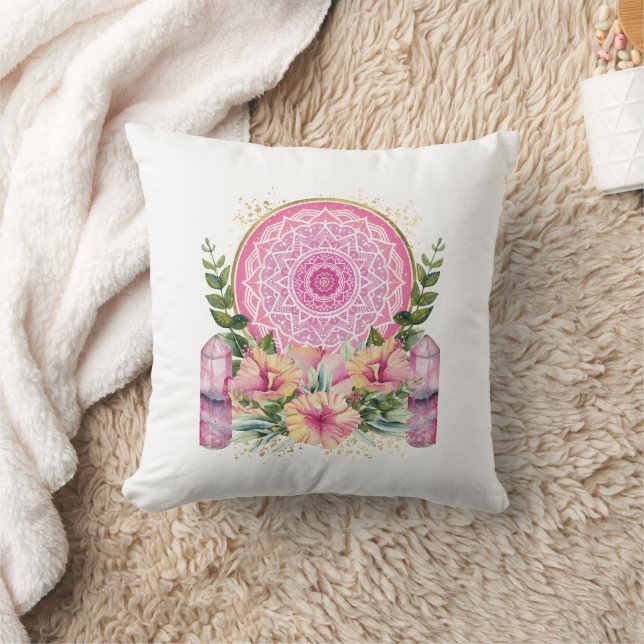 Coussin Pink Mandala Crystal Fleurs Aquarelle Boho Throw (Couverture)