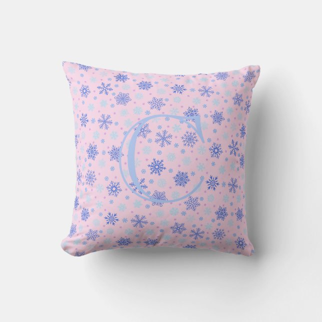 Coussin Pink Pastel Pink Snowflakes Élégant Monogramme Chi (Recto)