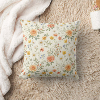 Coussin Pink Peach Cottagecore Wildflowers Roses