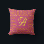 Coussin Pink Peacock Quatrefoil MONOGRAM Mariage Or<br><div class="desc">Ajoutez les initiales du prénom de la mariée et du marié (petites lettres) et leur initiale du nom de famille conjoint (grande lettre) pour créer un cadeau monogramme élégant pour le couple marié. La couleur ici est rose paon avec lettrage doré, style calligraphie. La motif est un classique quatrefoil de...</div>