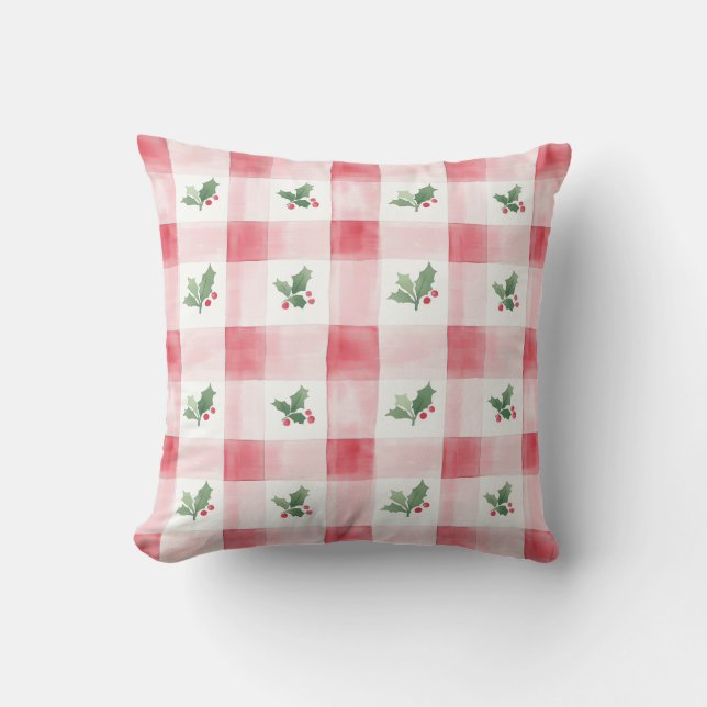 Coussin Pink Red Plaid Christmas Throw Pillow (Recto)