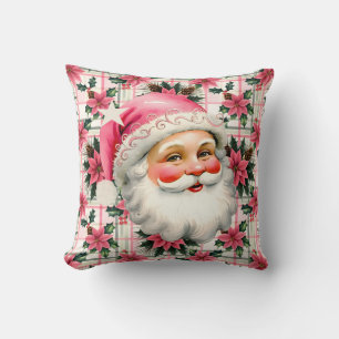 Coussin Pink Retro Santa Claus Noël Floral Plaid