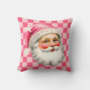 Coussin Pink Retro Santa Claus Pink Tartan Plaid Noël