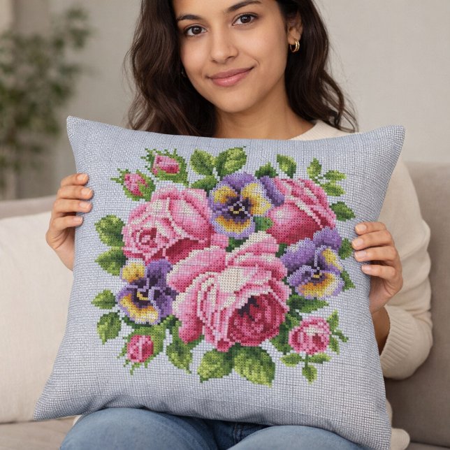 Coussin Pink Rose Floral Cross Stitch Throw Pillow (Créateur téléchargé)