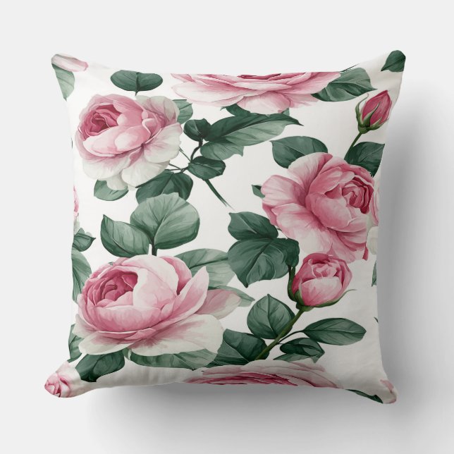Coussin Pink Roses Floral Throw Pillow (Recto)
