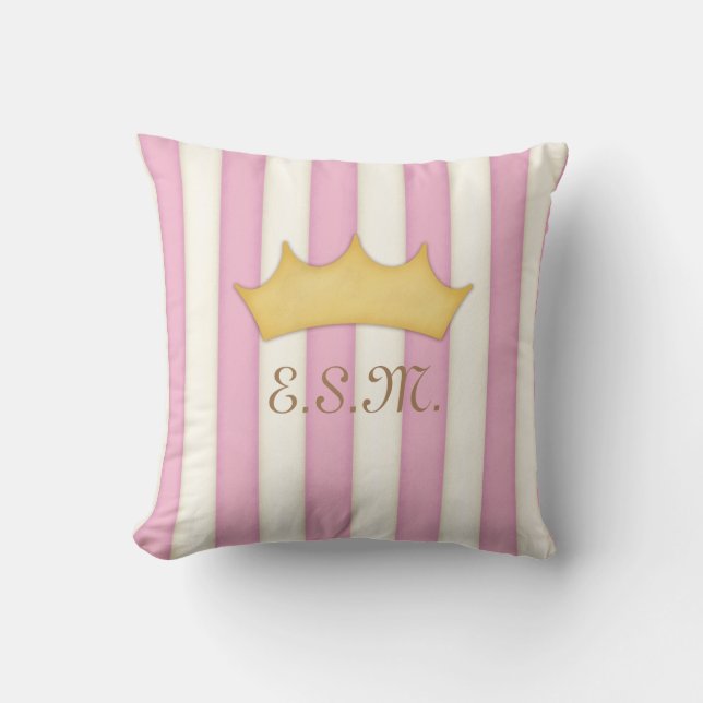 Coussin Pink Stripes Princess Monogram Tête couronnée (Recto)