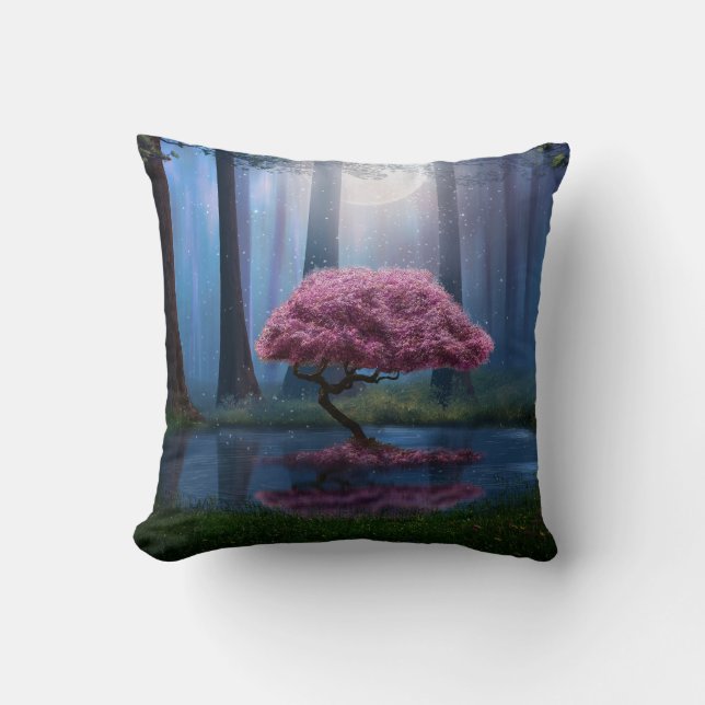 Coussin Pink Tree Pond Forest Photomanipulation (Recto)