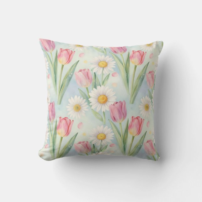 Coussin Pink Tulip Daisy Watercolor Spring Pattern (Recto)