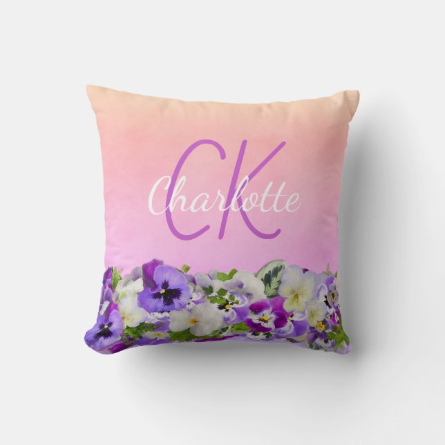 Coussin Pink violet fleurs nom monogramme script (Recto)