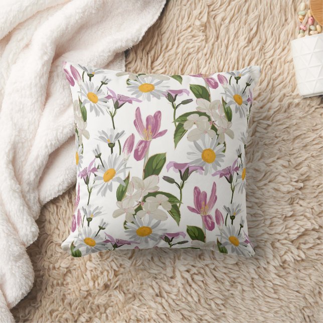 Coussin Pink violet tropical daisy and lily wildflowers (Couverture)