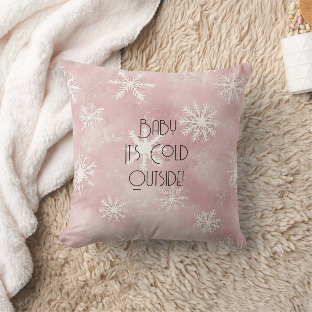 Coussin Pink White Christmas Snowflakes Stripes  (Couverture)