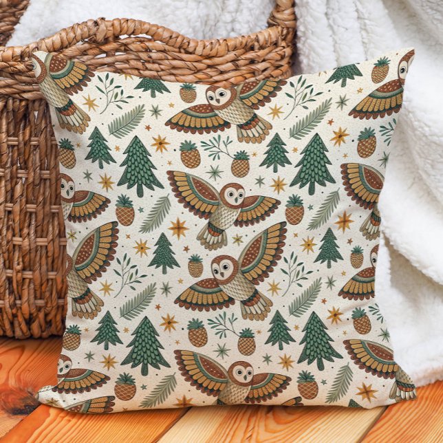 Coussin Pins de chênes hiboux Étoiles  Nature Chaude  (Owl and pine trees pillow)