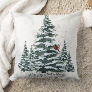 Coussin Pins d'hiver vert rustique Arbres Red Cardinal Bir