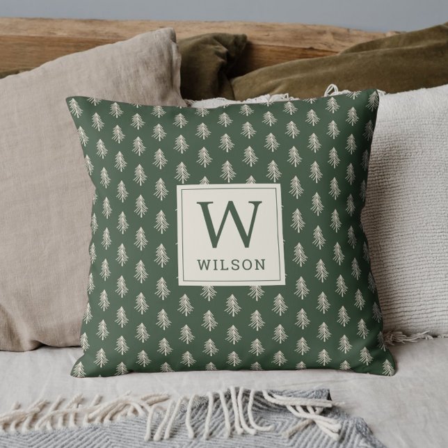 Coussin Pins rustiques Nom de famille Monogramme Noël (Créateur téléchargé)