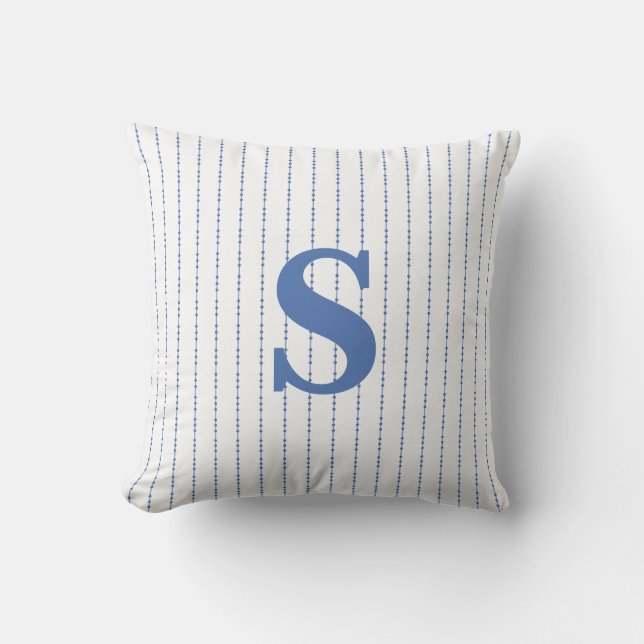 Coussin Pinstripe à points blanc et bleu du monogramme ini (Recto)
