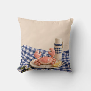 Coussin Pique-Nique Estival à Carreaux Bleus et Crabe Cora