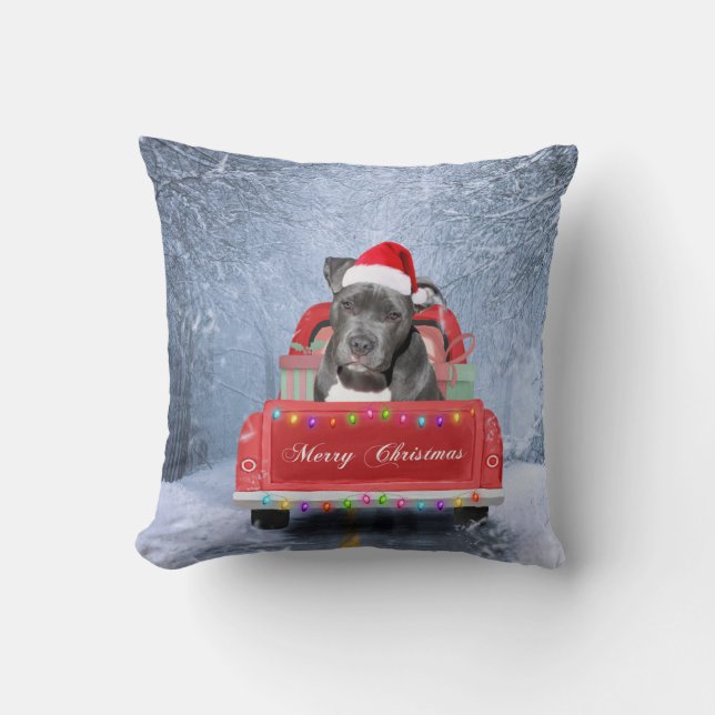 Coussin Pit Bull Dog in Neige assis sur un camion de Noël (Recto)
