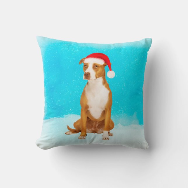 Coussin Pitbull Chien Assis En Fête De Noël De Neige (Recto)