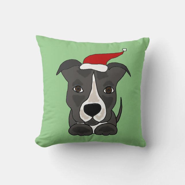 Coussin Pitbull gris drôle dans l'art de Noël de casquette (Recto)