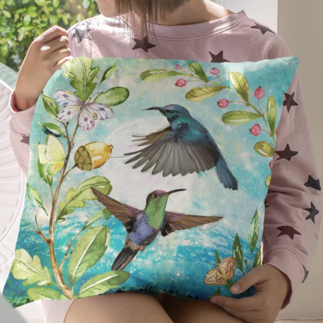 Coussin Pittoresque Hummingbirds Floral Nature Art | Vert  (Créateur téléchargé)