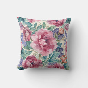 Coussin Pivoine botanique aquarelle floraison de lavande f