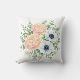 Coussin Pivoine et fleur d'anémone florale élégante à l'aq