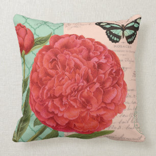 Coussin Pivoine et papillon vintages modernes