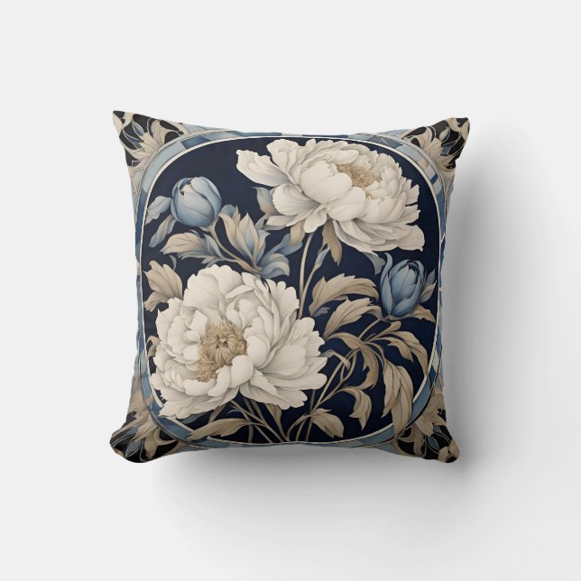 Coussin Pivoine Fleurie Indigo Bleu  (Recto)