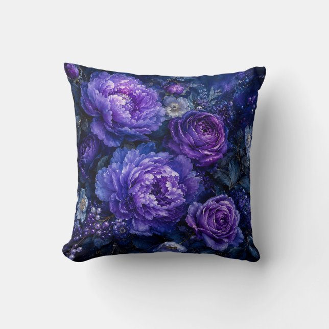 Coussin Pivoine florale bleu indigo profond et violet (Recto)