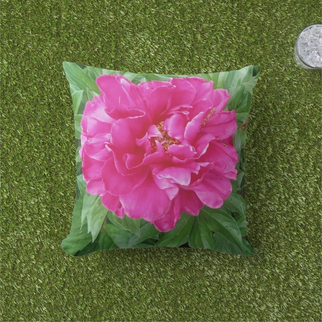 Coussin Pivoine rose botanique Feuilles vertes  (Herbe)
