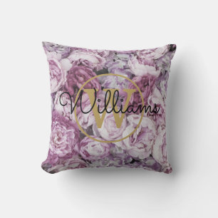 Coussin Pivoine rose florale monogramme or nom
