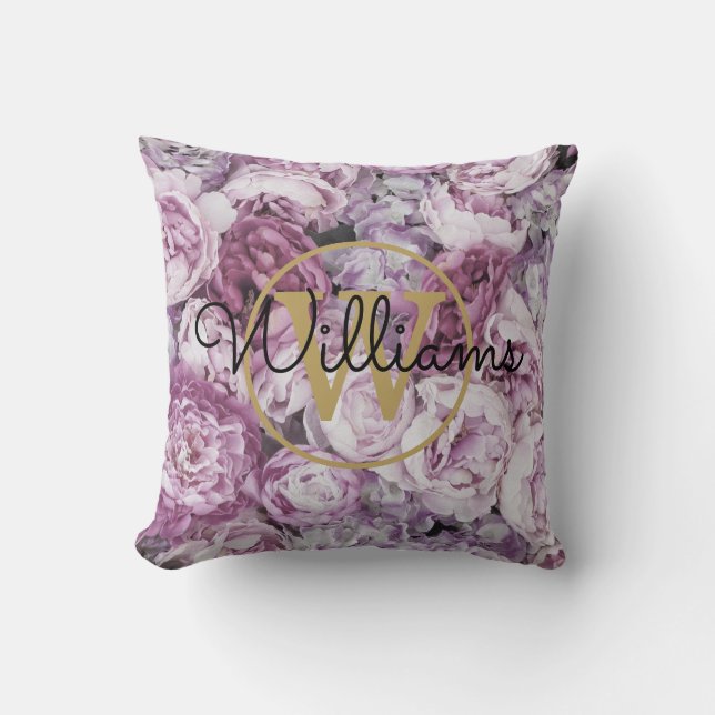 Coussin Pivoine rose florale monogramme or nom (Recto)