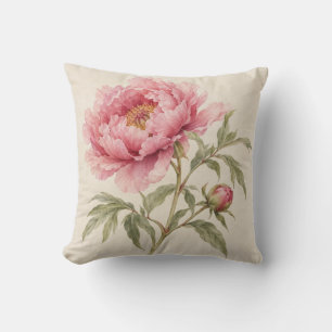 Coussin Pivoine Rose Pâle Aquarelle Botanique Ivoire
