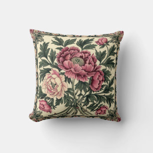 Coussin Pivoine rose vintage et vert sauge William Morris