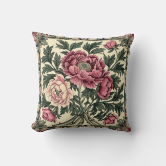 Coussin Pivoine rose vintage et vert sauge William Morris