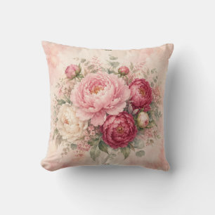 Coussin Pivoines aquarelles rose et framboise romantiques