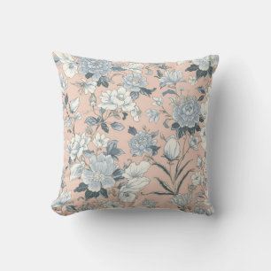 Coussin Pivoines bleues Pêche Botanique Floral Vintage