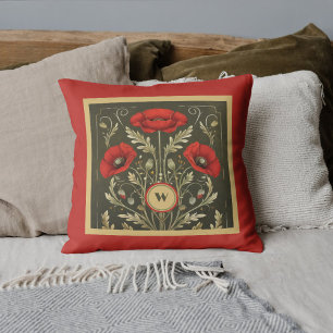 Coussin Pivoines dorées rouges vintage monogramme Art nouv