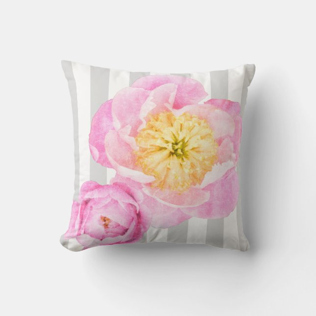 Coussin Pivoines et monogramme roses de rayures de gris (Recto)