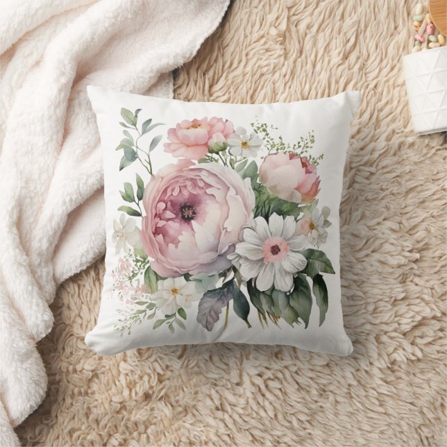 Coussin Pivoines Fleurs de verdure florales blanches roses (Couverture)
