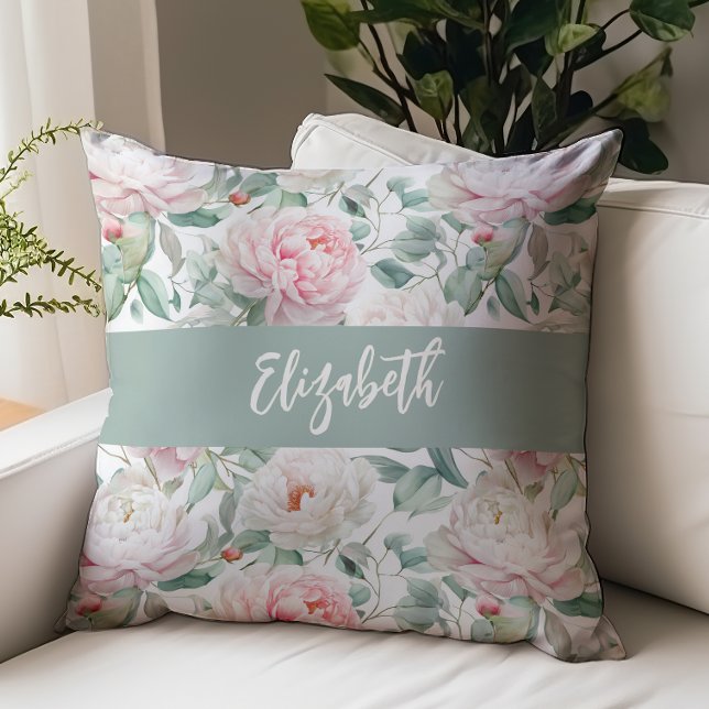 Coussin Pivoines florales à l'aquarelle Nom Script Rose Ve (Créateur téléchargé)