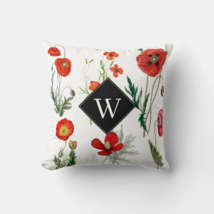 Coussin Pivoines Florales Monogramme Aquarelle Rouge