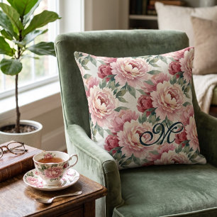 Coussin Pivoines Grandmillennial Monogramme Crème Rose