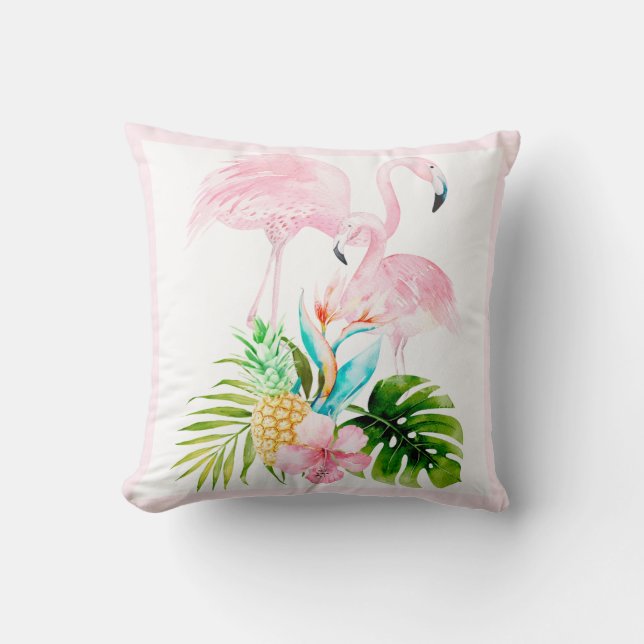Coussin PixDezines Aquarelle Flamant rose rose, Cadre do-i (Recto)