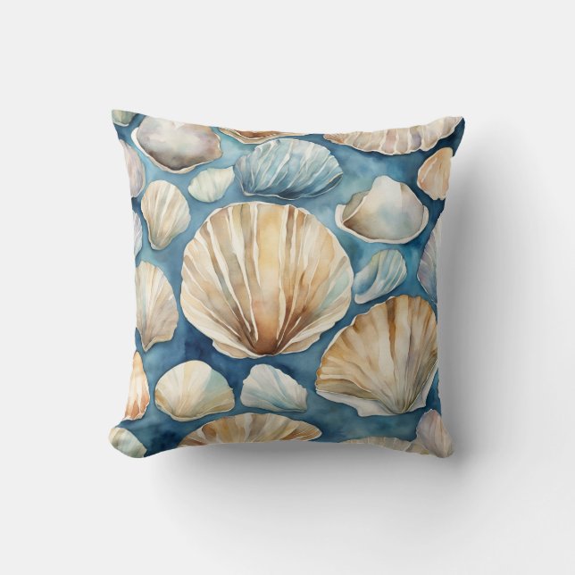 Coussin Plage Aquarelle SeaShells Côte Bleue Beige (Recto)