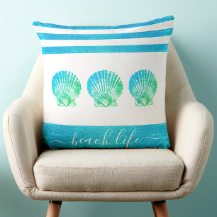 Coussin Plage bleu turquoise vie script 3 coquillages