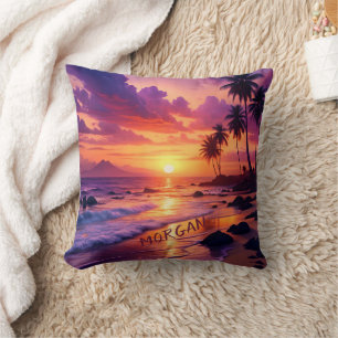 Coussin Plage de coucher de soleil tropicale customisée - 