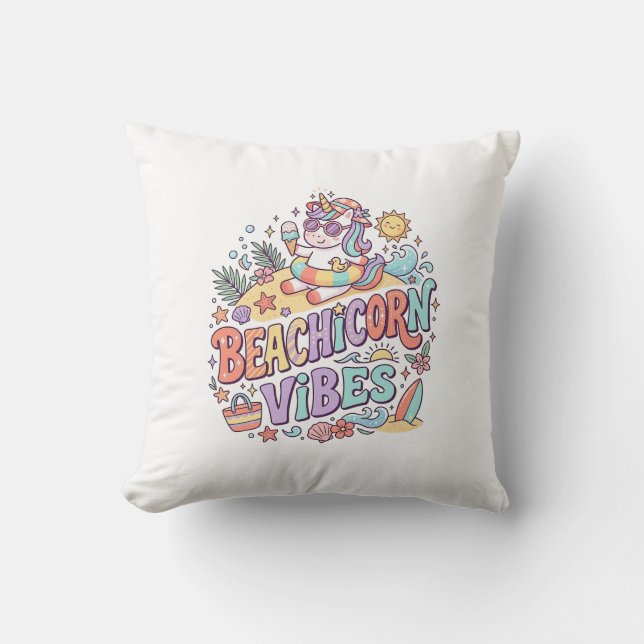 Coussin Plage de Licorne Vibes Fantaisiste Fond Blanc (Recto)