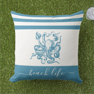 Coussin Plage de poulpe bleu turquoise script simple moder