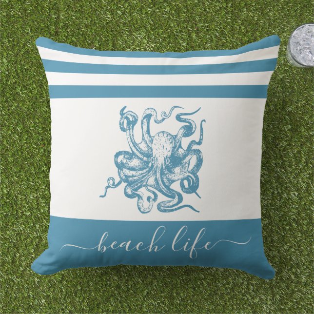 Coussin Plage de poulpe bleu turquoise script simple moder (Herbe)
